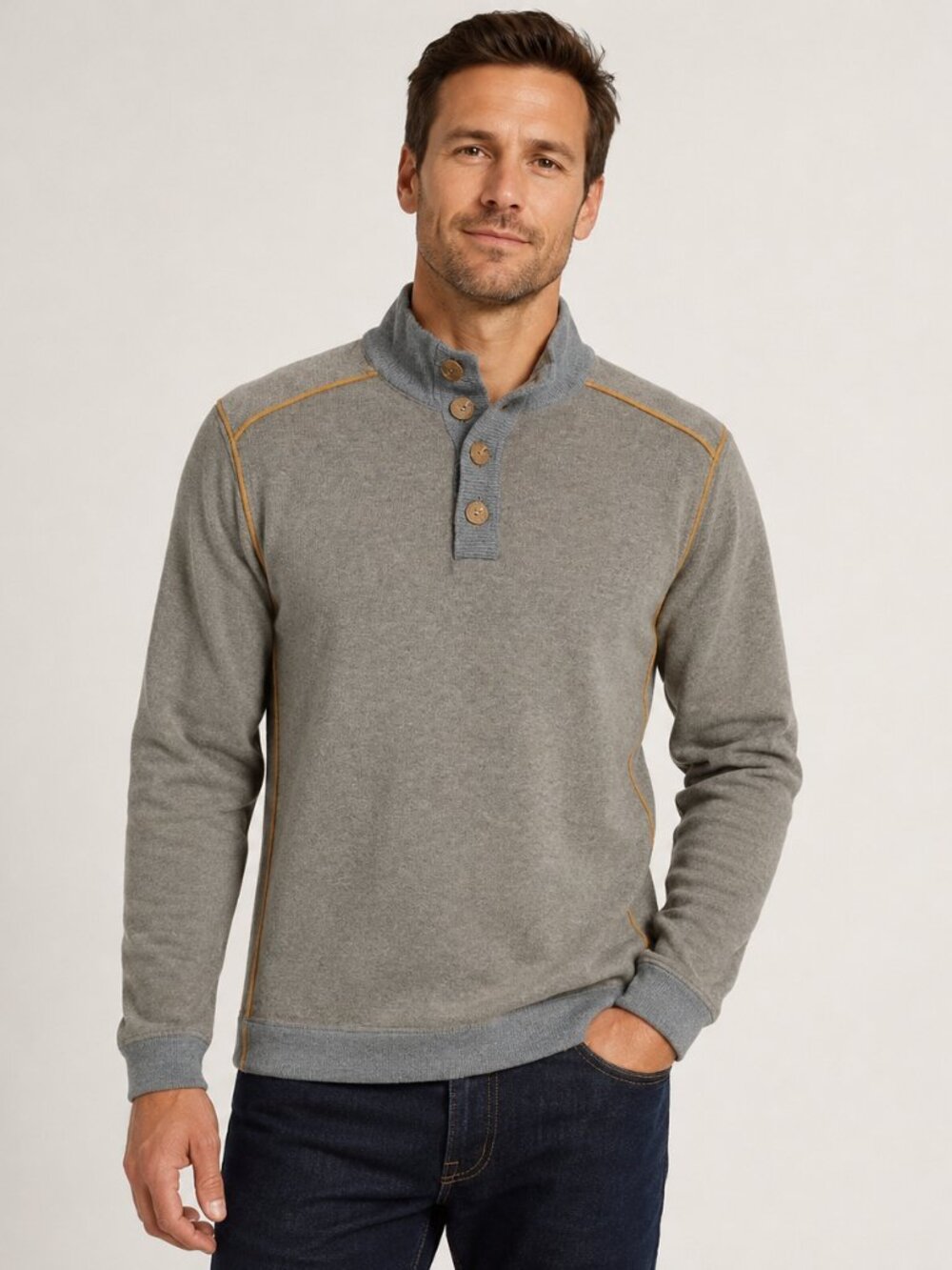 Sundance Men’s Highland Stitch Henley Sweater Gray Mustard Cotton Mock Neck Sz L